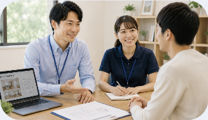 住まい探しについてスタッフと相談する様子