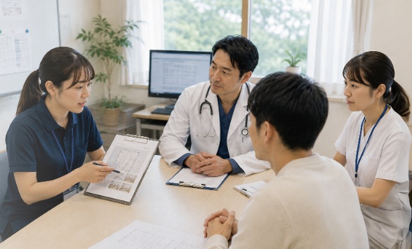 利用者様を囲み、医療と福祉のスタッフが話し合う様子