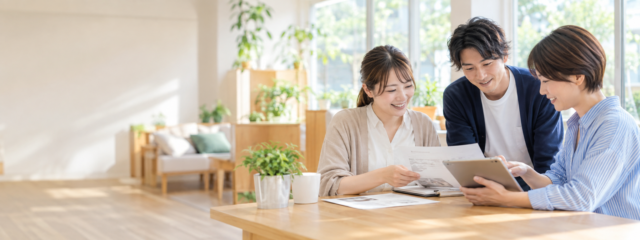 活動報告の資料とタブレットを確認するサンステイのスタッフ