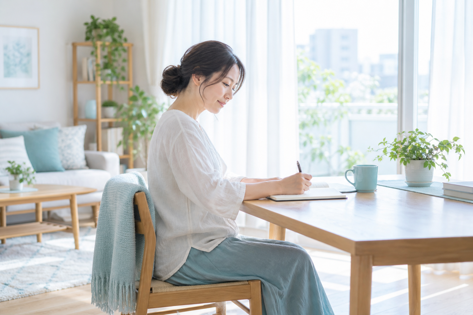 明るい室内で穏やかに日記を書く様子