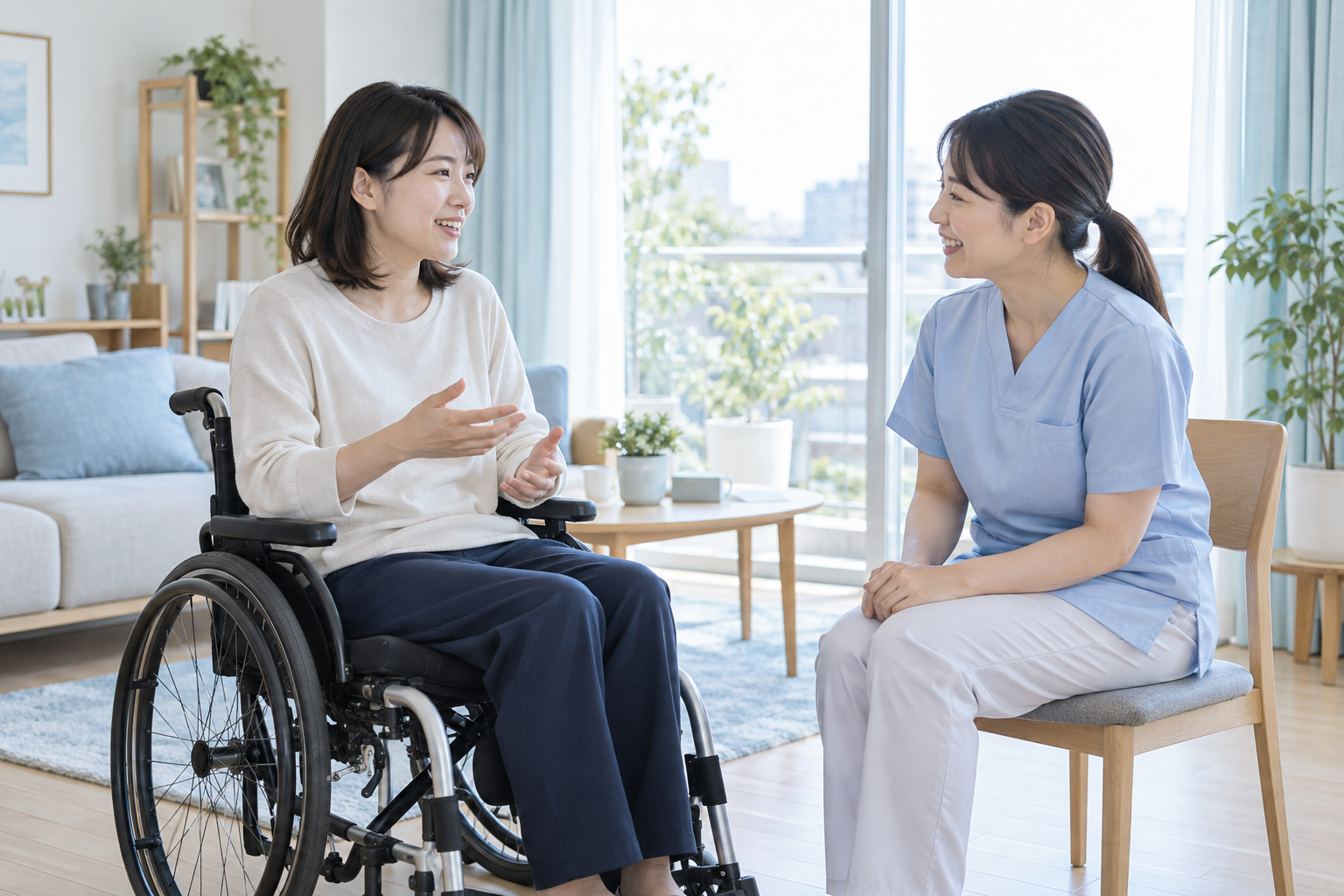 自宅で車いすを利用する成人の方と、同じ目線で会話する訪問看護師