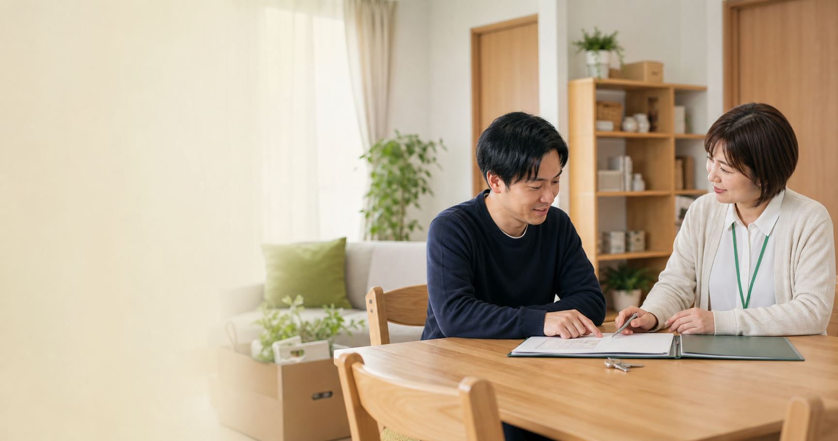 新しい暮らしに向けて生活計画を確認する利用者様と支援スタッフ