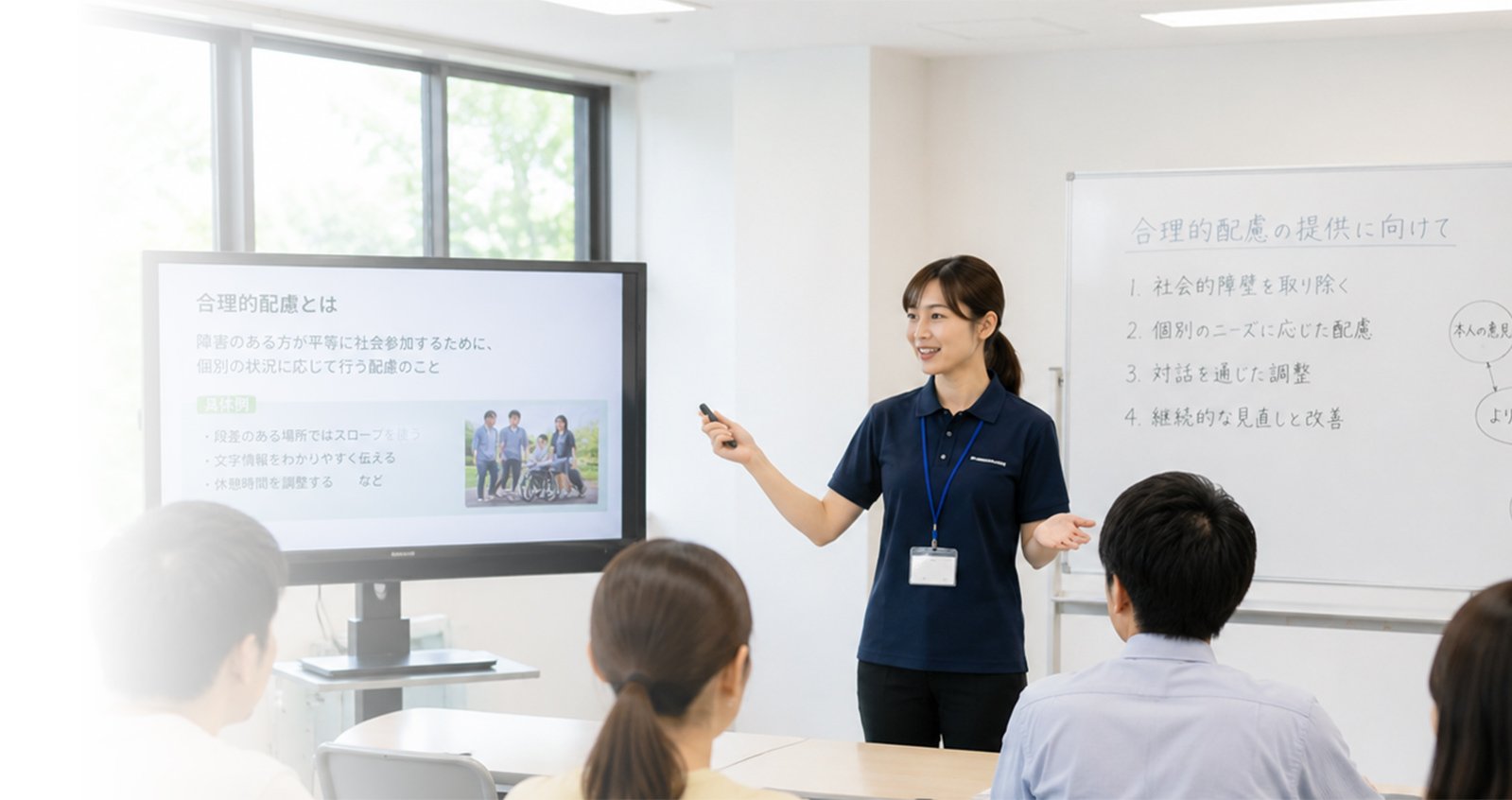 研修室で講師の話を聞くスタッフの皆さん