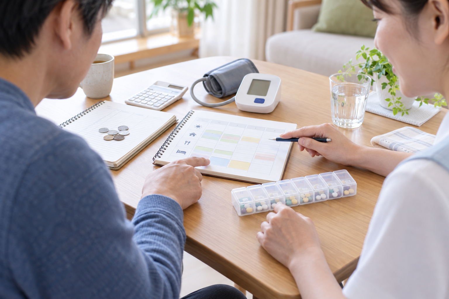 手元の資料と服薬ケースを見ながら生活管理を確認する様子